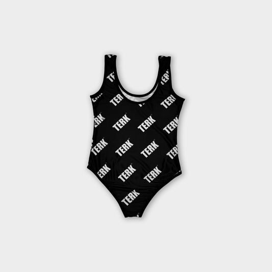 Black TERK Repeating logo Pattern One-Piece Swimsuit